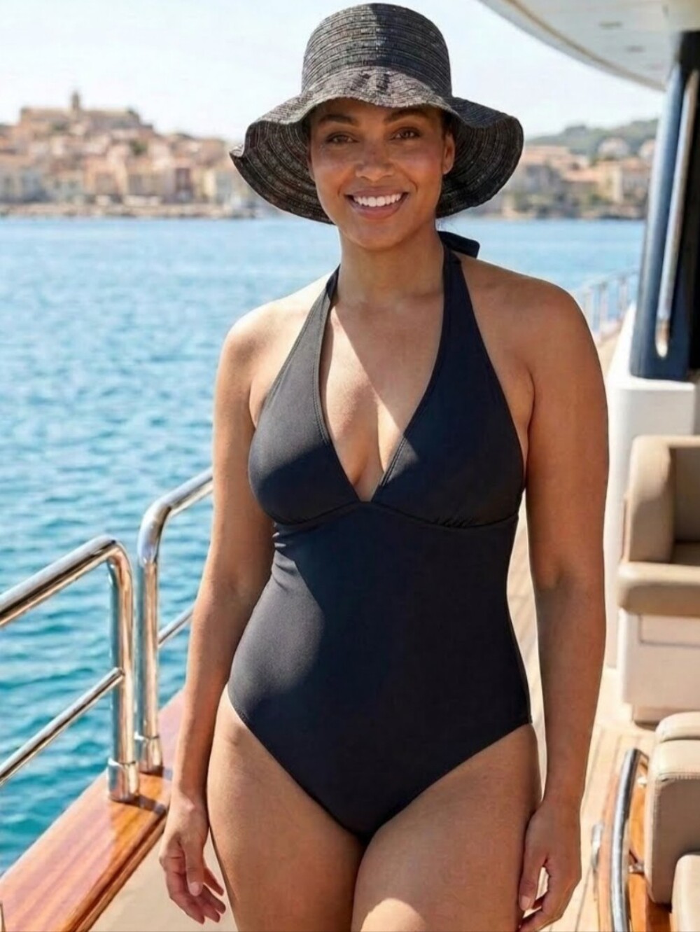 🖐🏽 One piece tie back control halter bathing suit.